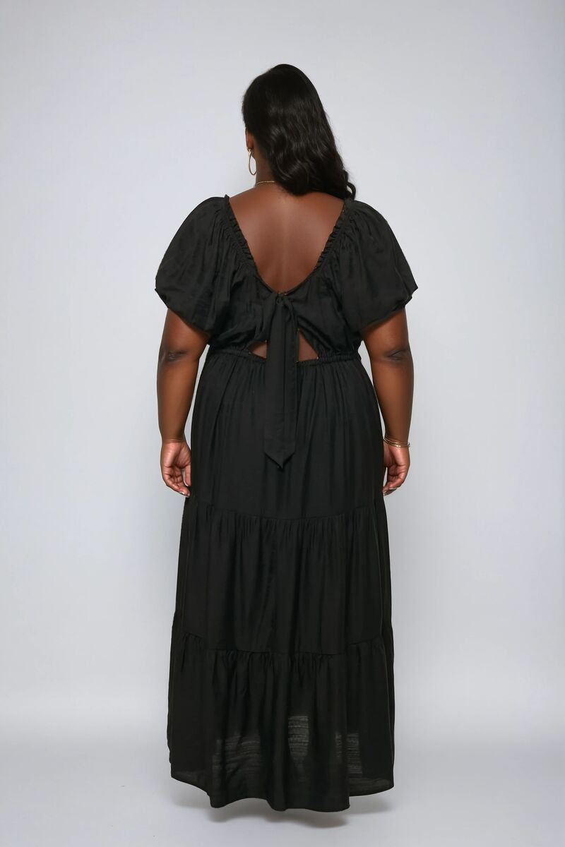 Plus Size Tiered Puff-Sleeve Maxi Dress