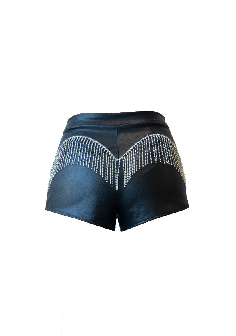 Rhinestone Fringe Faux Leather Shorts