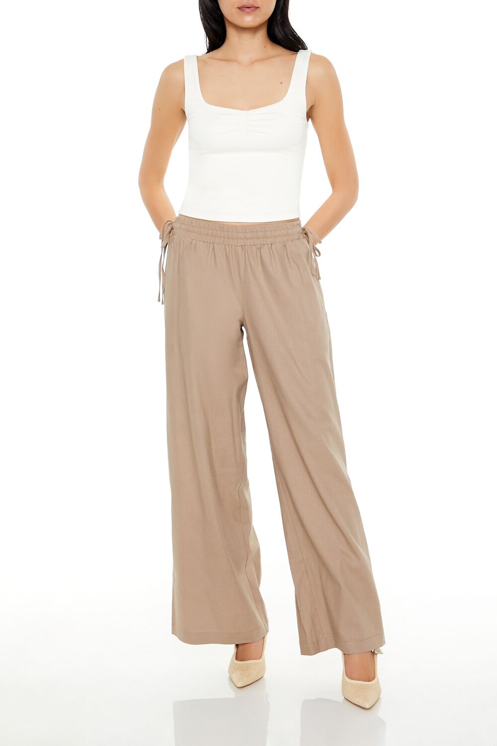 Shirred Tie-Waist Wide-Leg Pants