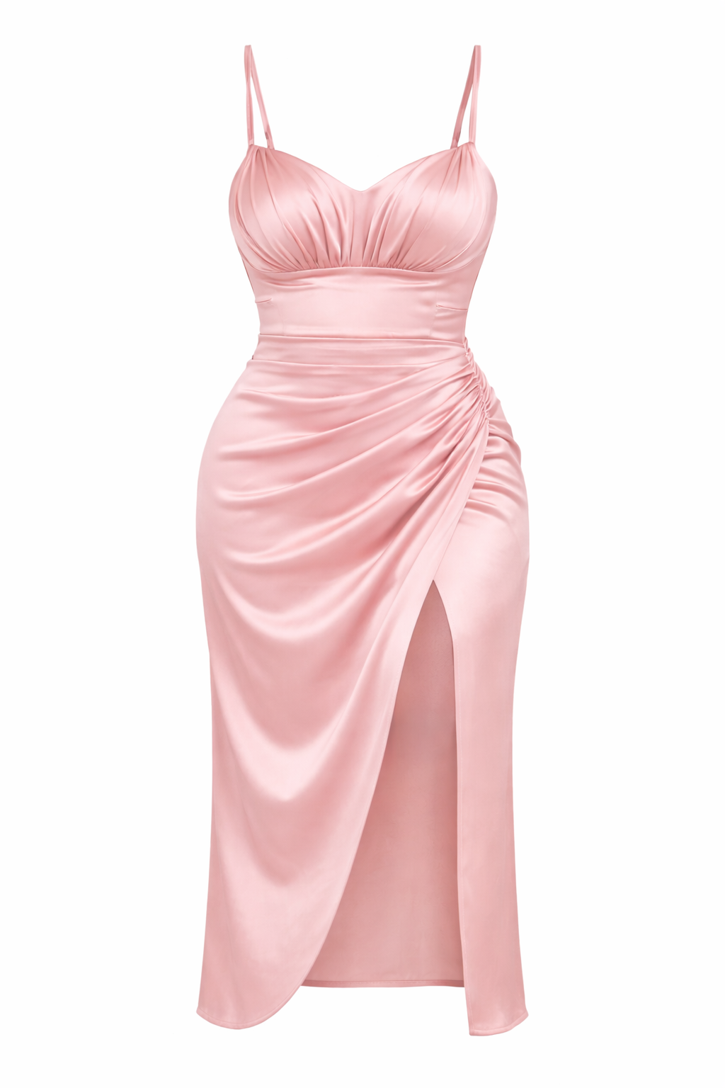 Plus Size Ruched Satin Midi Dress With High Slit
