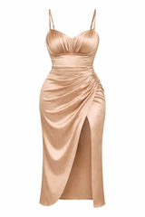 Plus Size Ruched Satin Midi Dress With High Slit