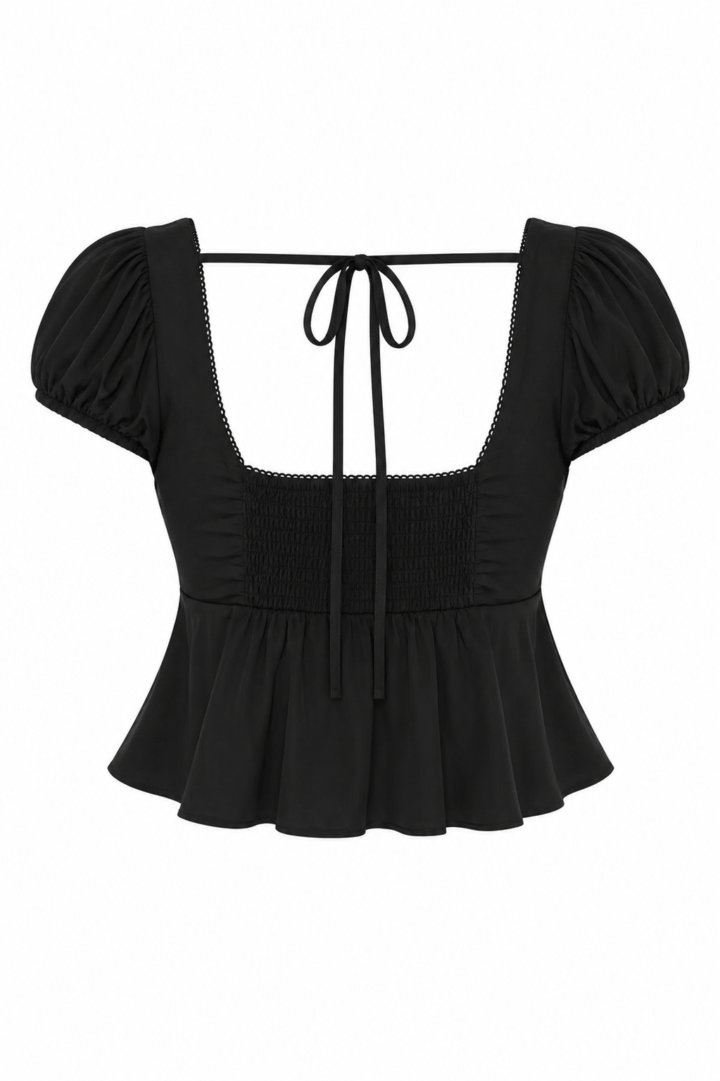 Satin Puff-Sleeve Peplum Crop Top