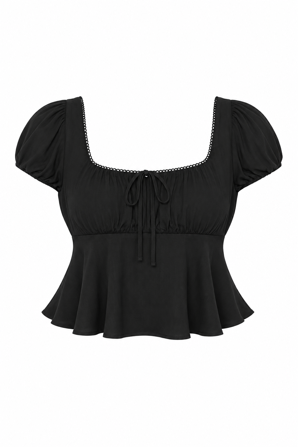 Satin Puff-Sleeve Peplum Crop Top