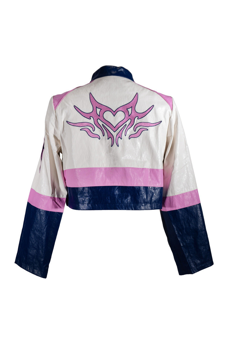 Plus Size Cropped Faux Leather Colorblock Zip-Up Jacket