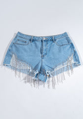Plus Size Distressed Rhinestone-Fringe Denim Shorts
