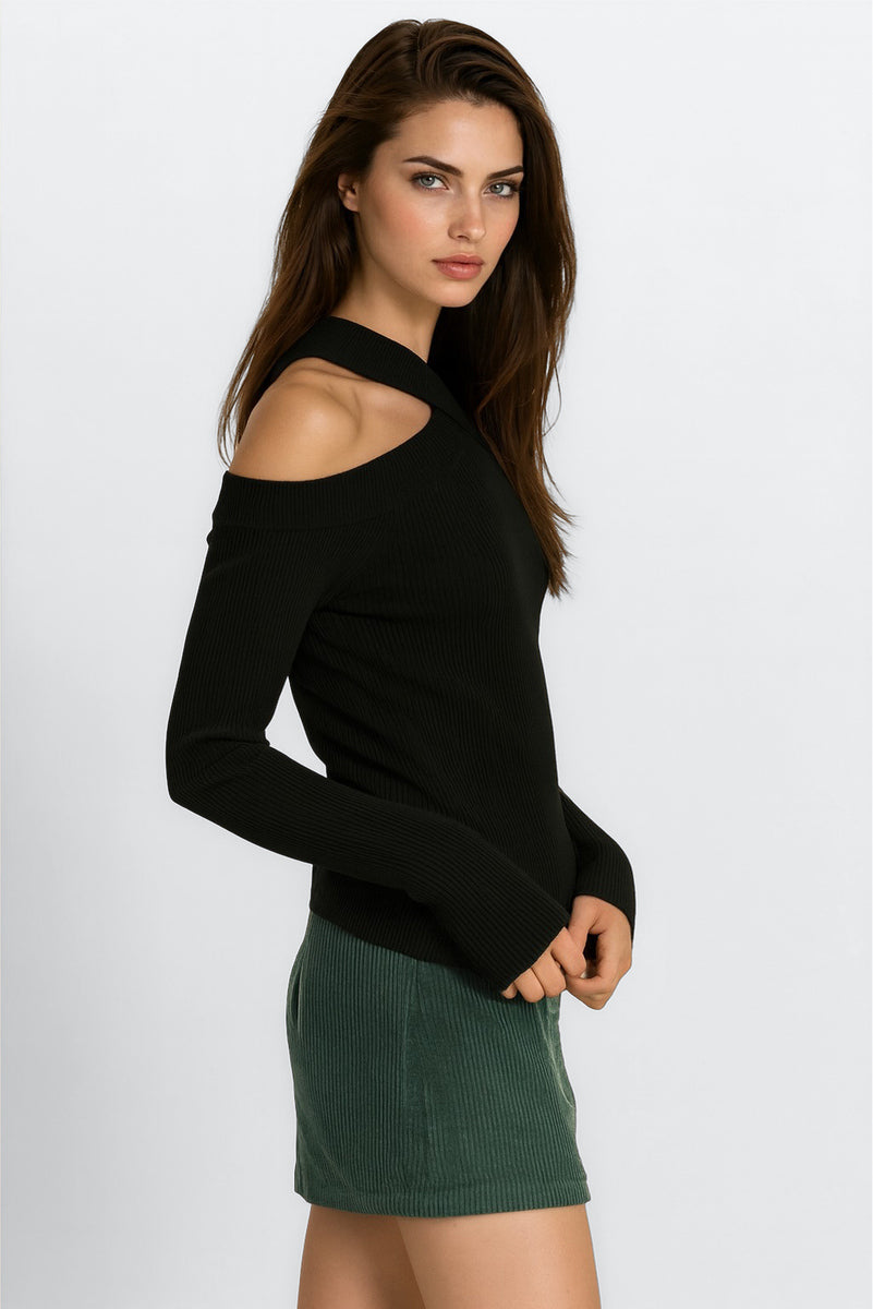 Ribbed Off-The-Shoulder Halter Sweater-Knit Top