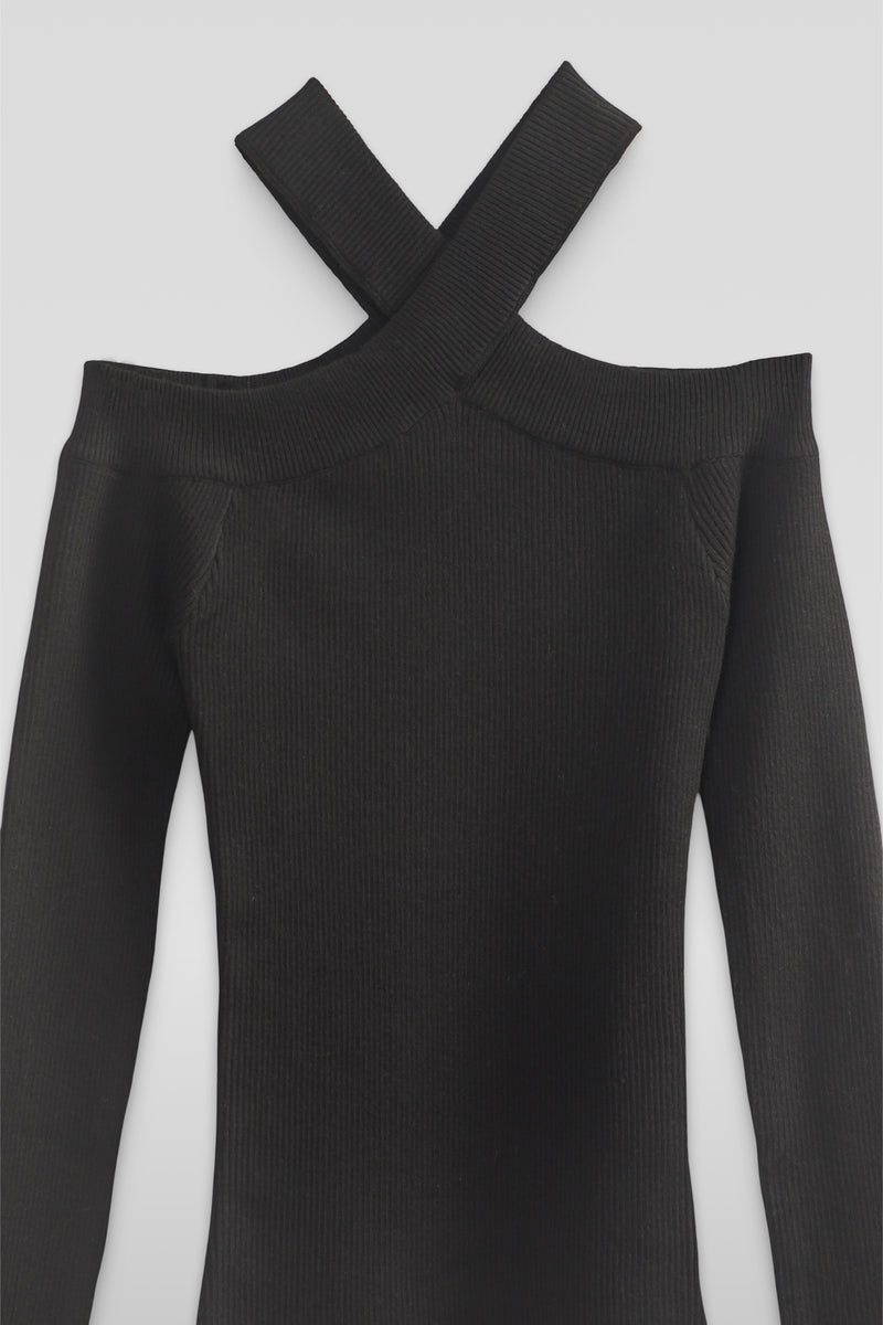 Ribbed Off-The-Shoulder Halter Sweater-Knit Top