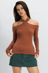 Ribbed Off-The-Shoulder Halter Sweater-Knit Top