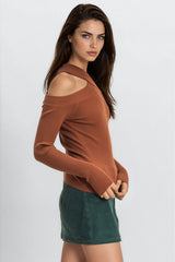 Ribbed Off-The-Shoulder Halter Sweater-Knit Top