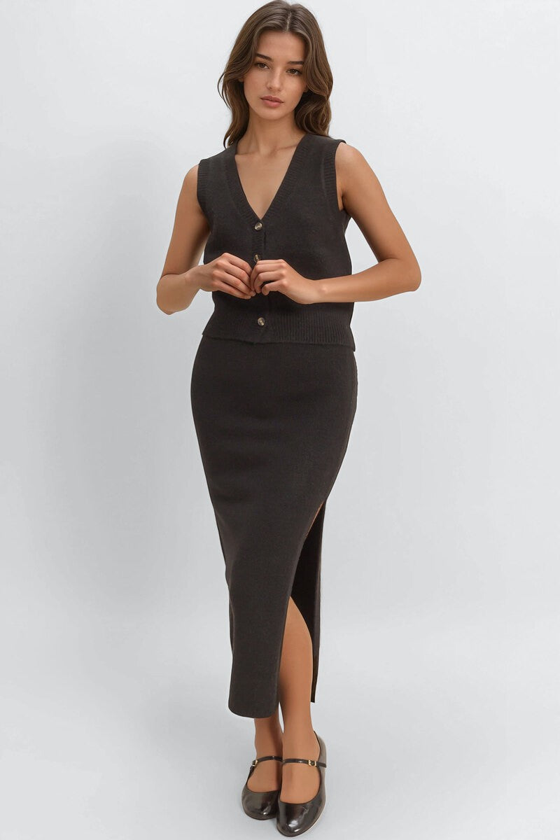 Button-Front Vest & Maxi Skirt Sweater Set