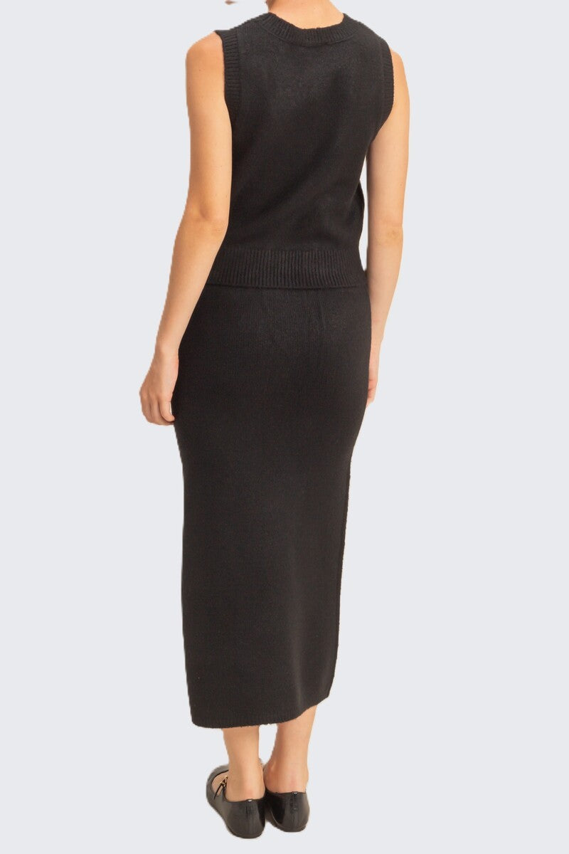 Button-Front Vest & Maxi Skirt Sweater Set