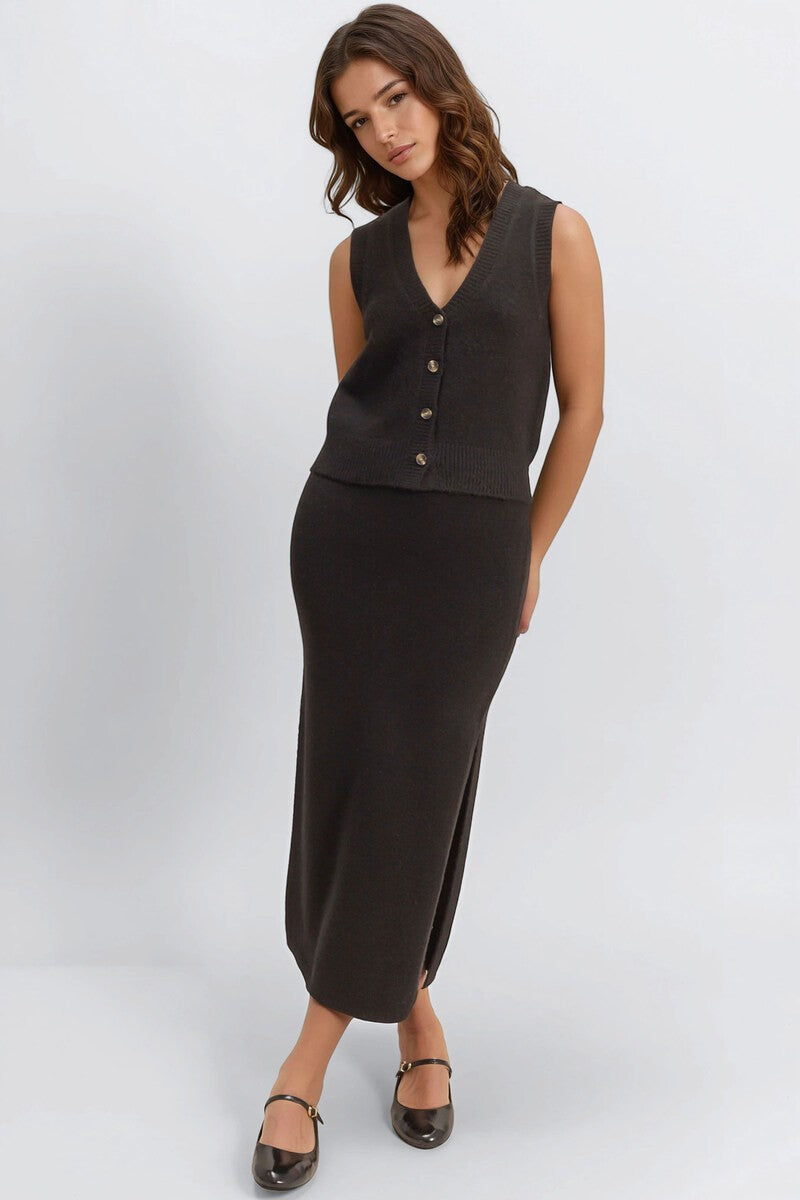 Button-Front Vest & Maxi Skirt Sweater Set