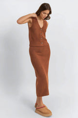 Button-Front Vest & Maxi Skirt Sweater Set