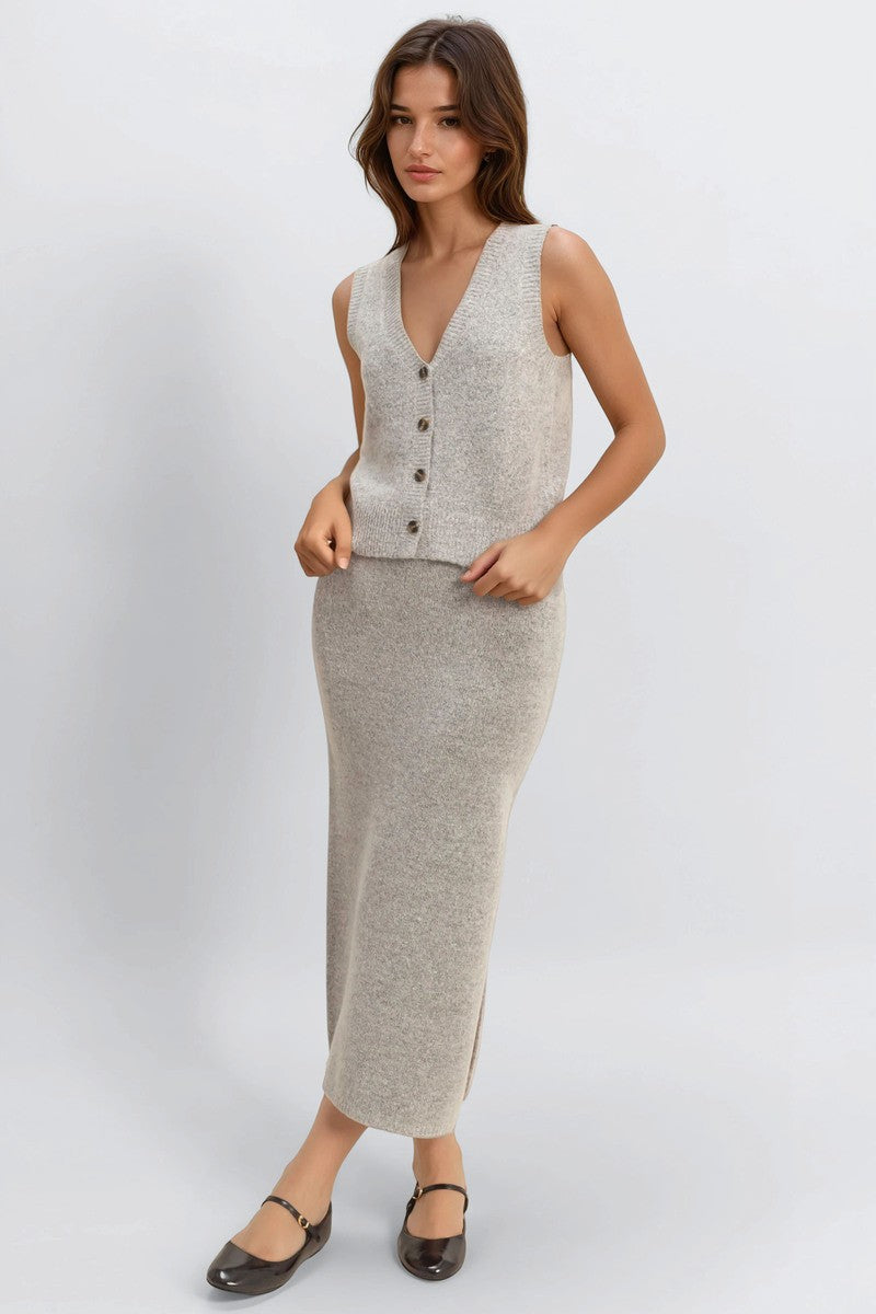 Button-Front Vest & Maxi Skirt Sweater Set
