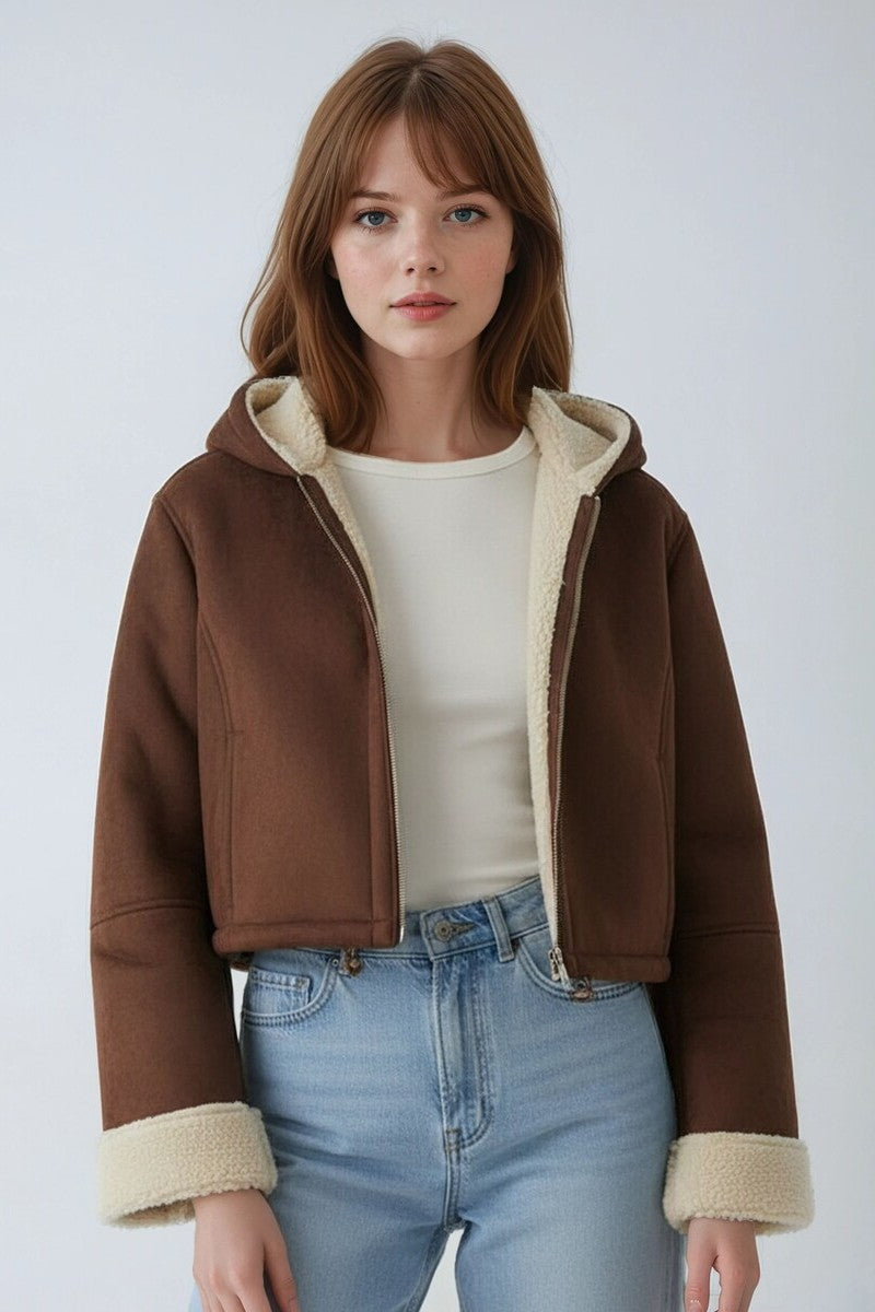 Faux Suede Cropped Hooded Jacket