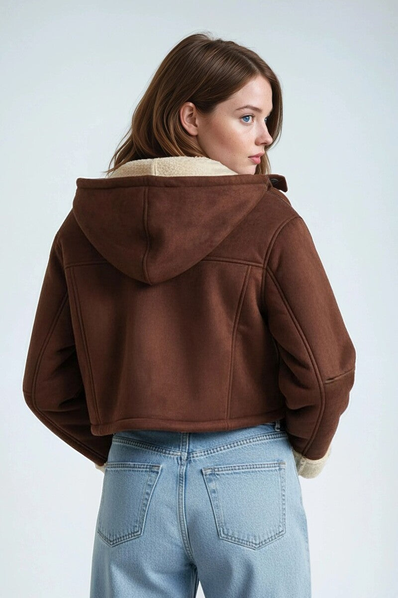 Faux Suede Cropped Hooded Jacket