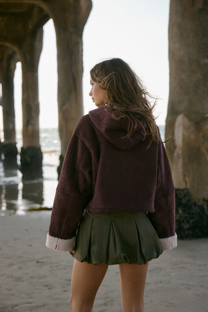 Faux Suede Cropped Hooded Jacket