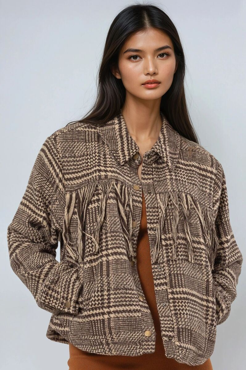 Glen Plaid Fringe-Trim Jacket