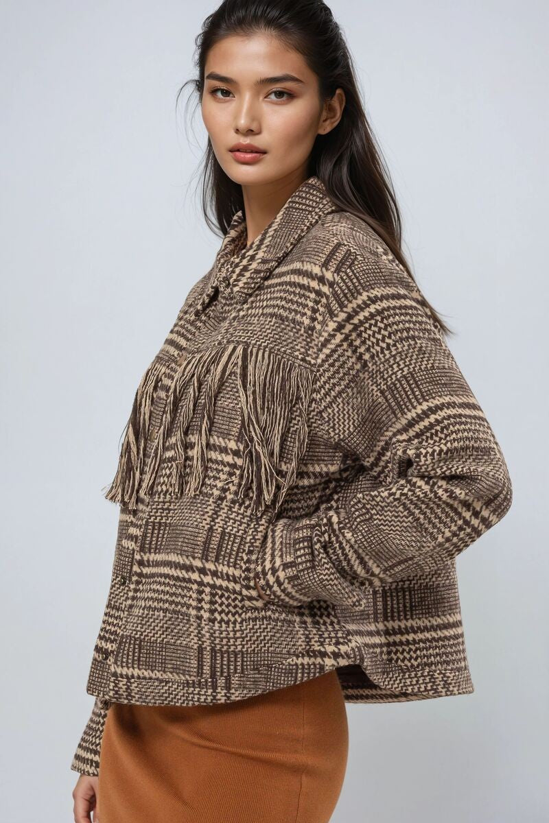 Glen Plaid Fringe-Trim Jacket