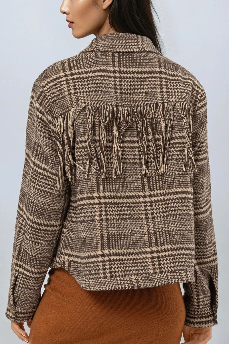 Glen Plaid Fringe-Trim Jacket