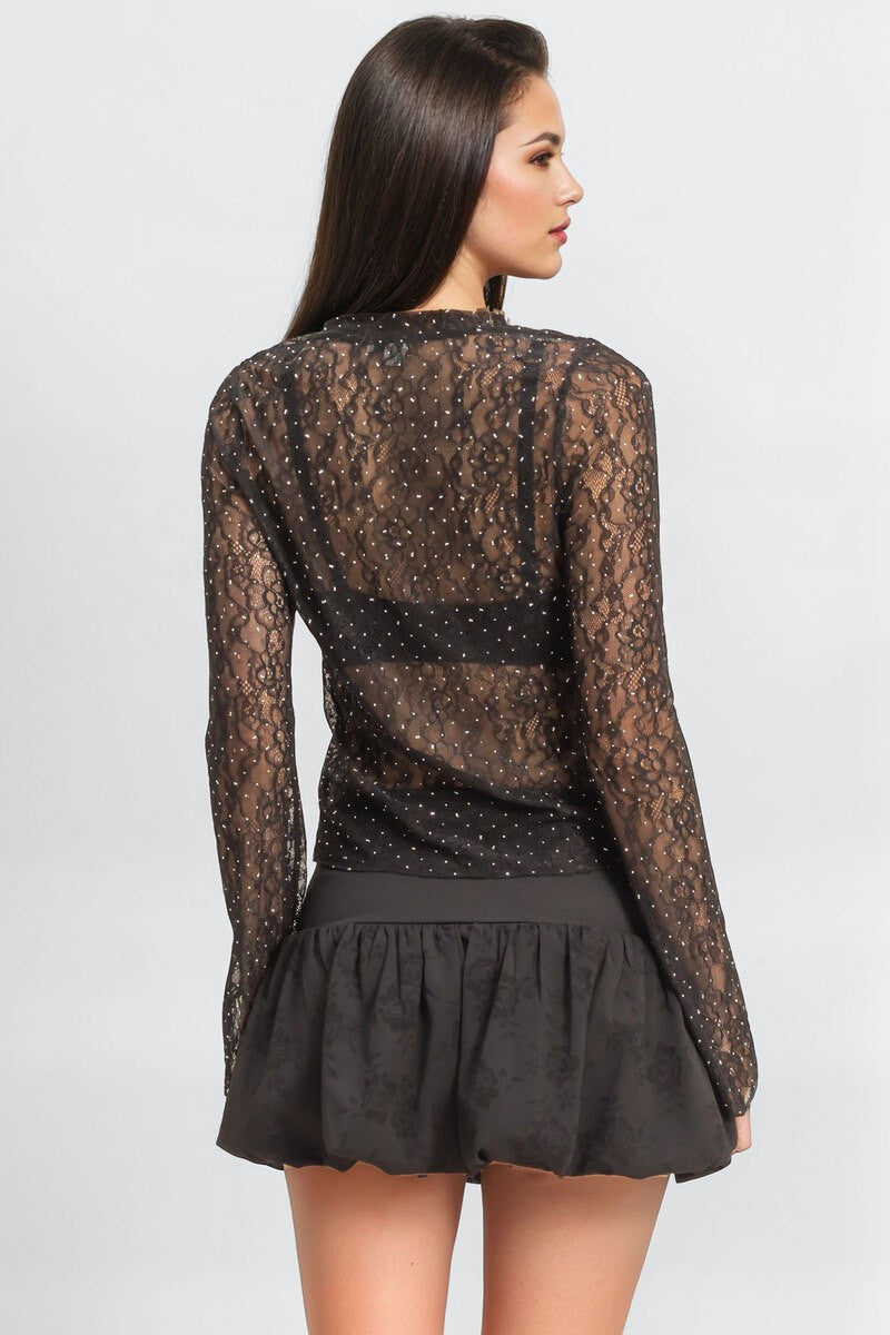 Studded Sheer Lace Long-Sleeve Top