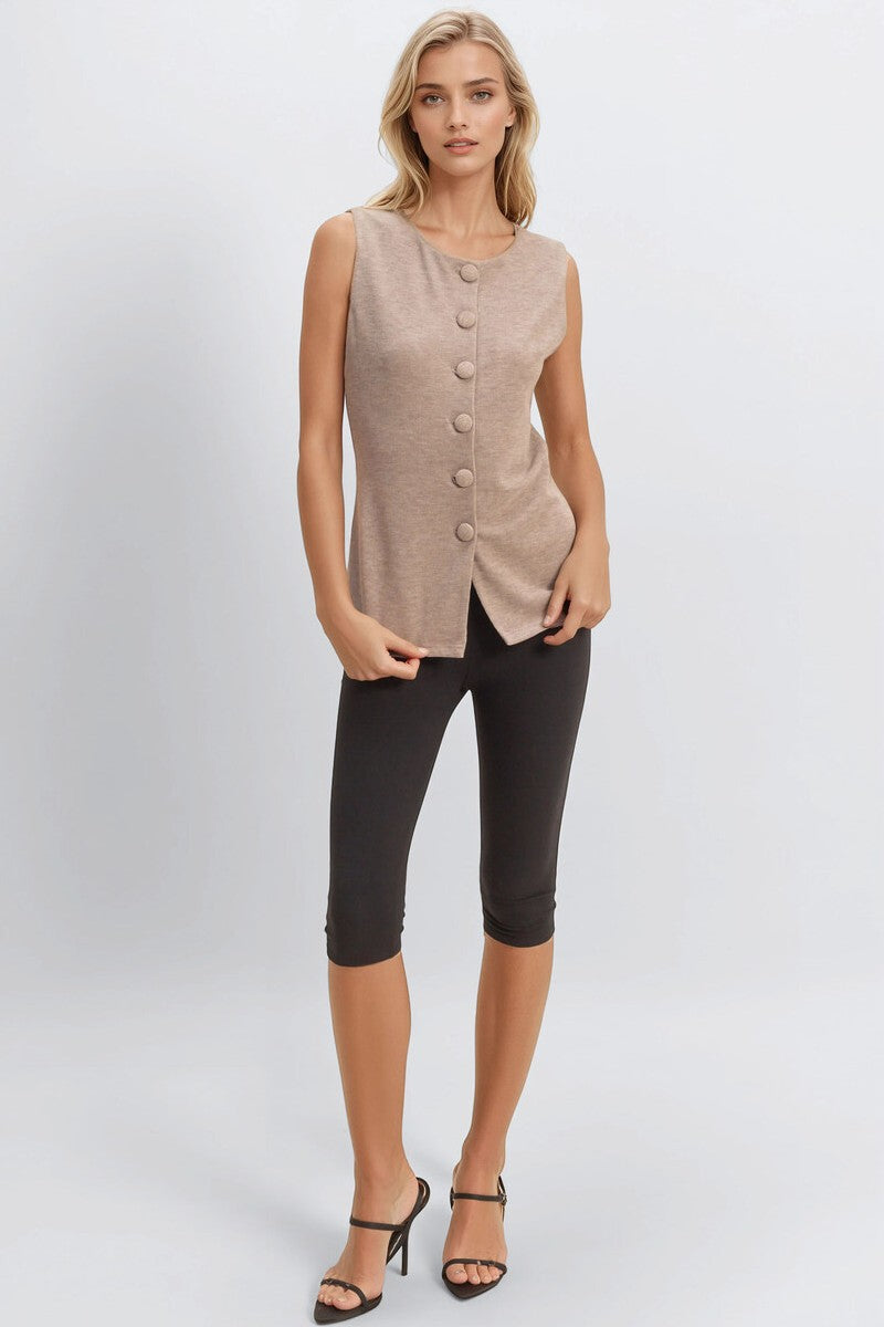 Rib-Knit Button-Front Sleeveless Top