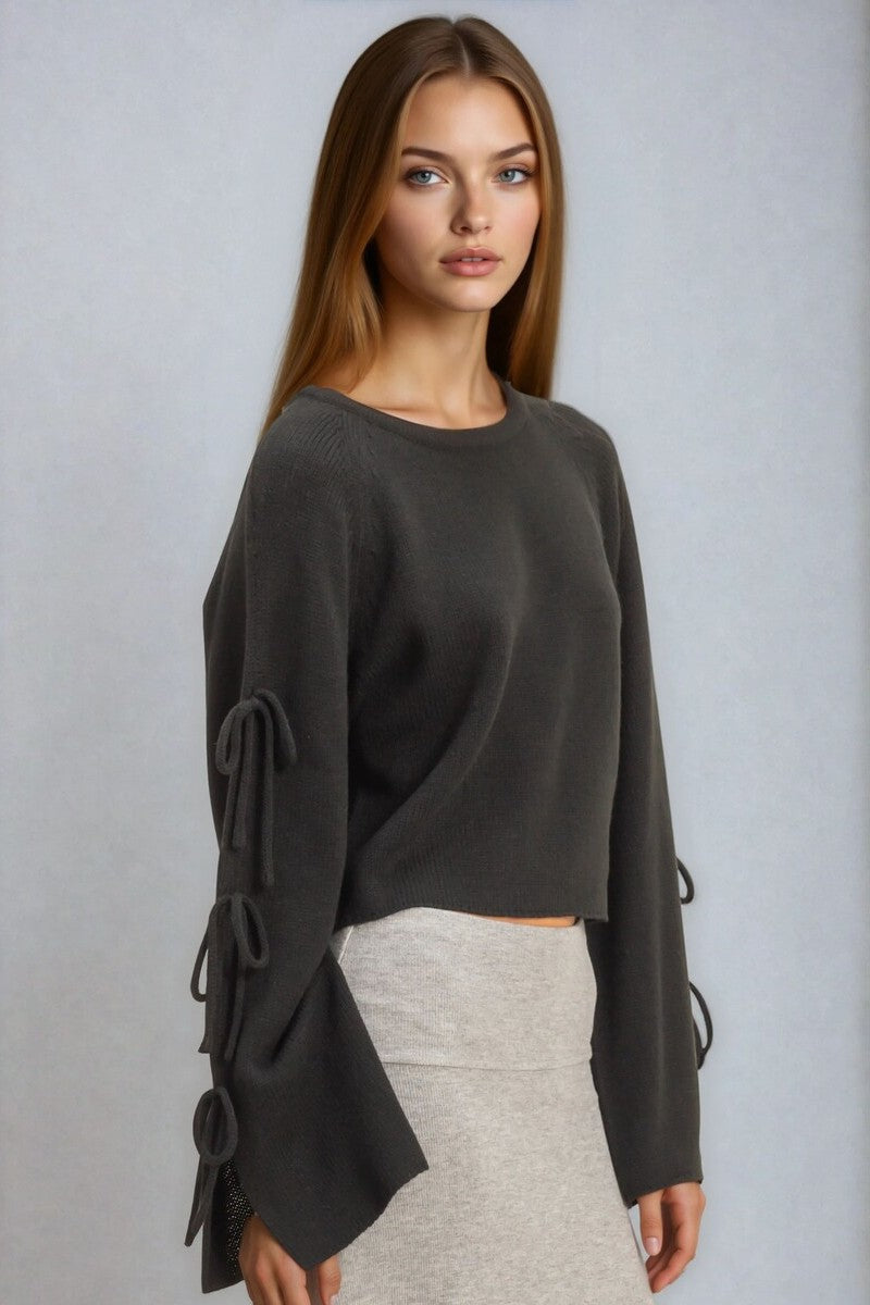 Tie-Sleeve Cropped Sweater Top