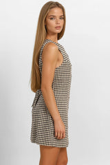 Sleeveless Houndstooth Button-Front Mini Dress