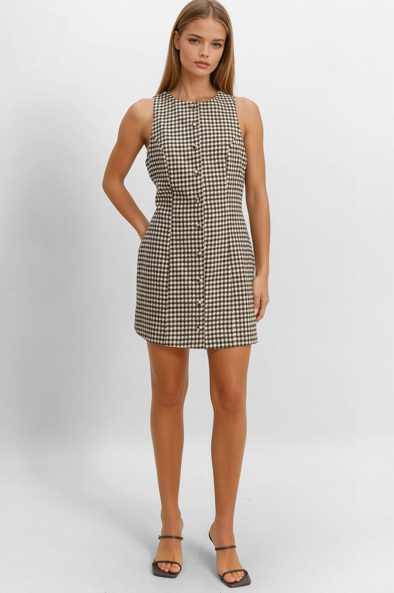 Sleeveless Houndstooth Button-Front Mini Dress