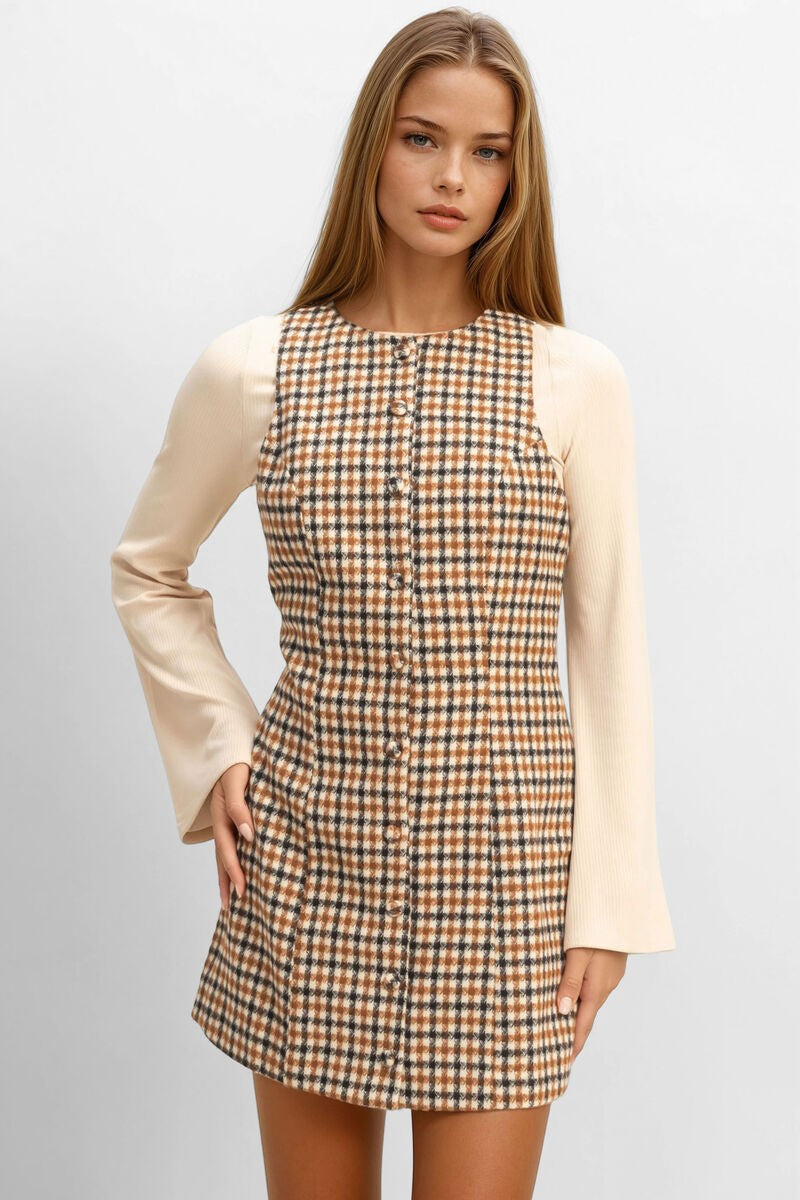 Sleeveless Houndstooth Button-Front Mini Dress