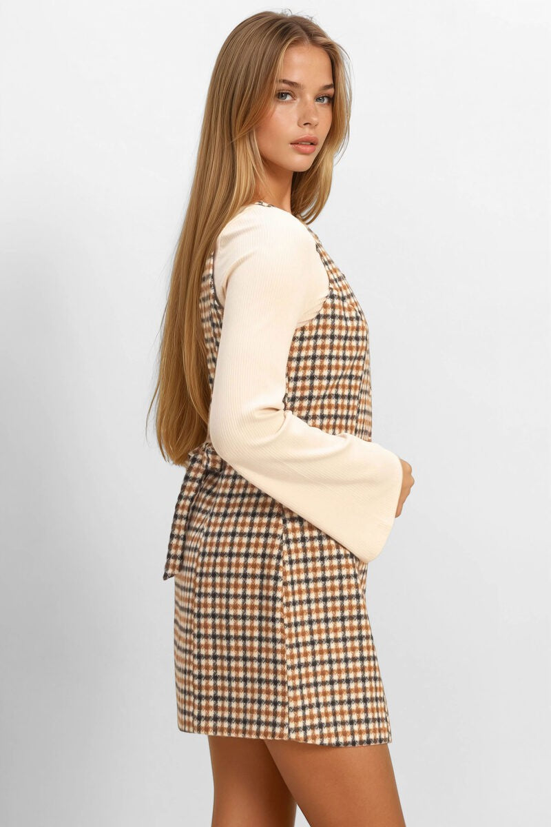 Sleeveless Houndstooth Button-Front Mini Dress
