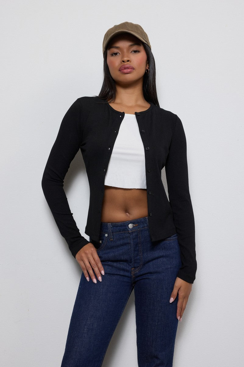 Ribbed Button-Front Cardigan Top