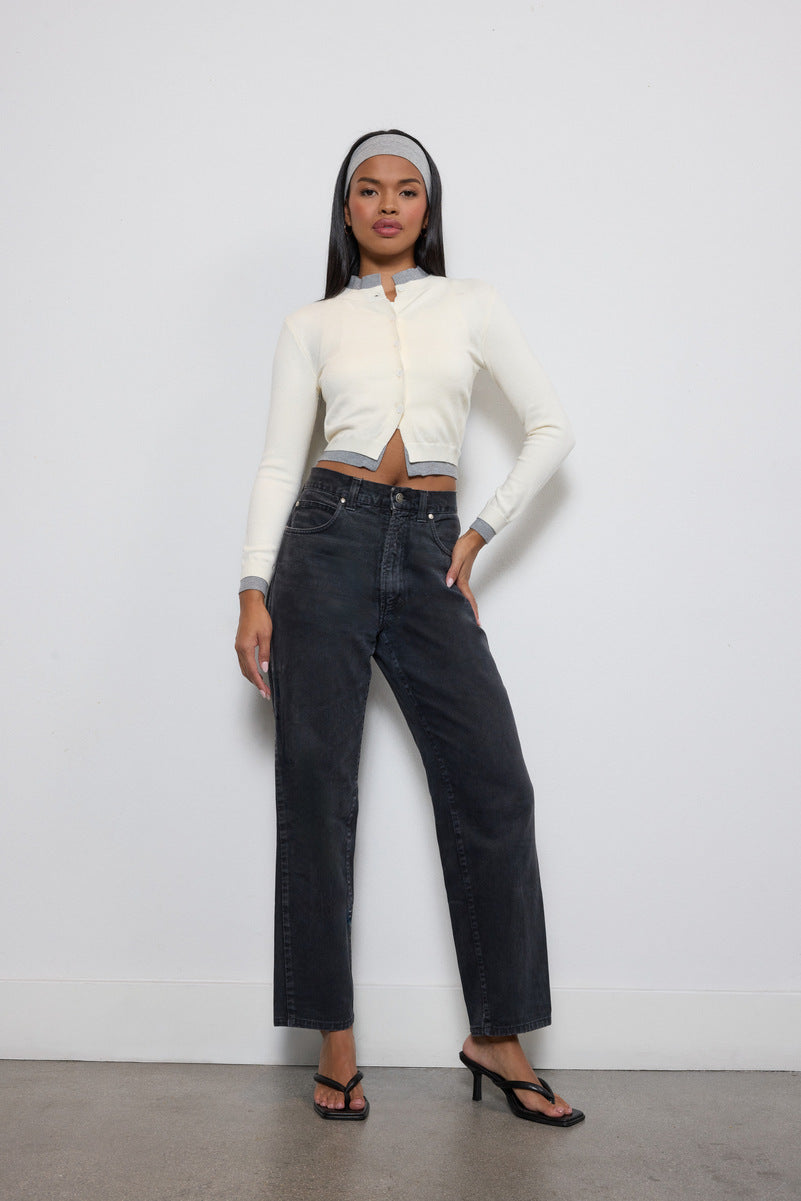 Contrast-Trim Cropped Cardigan Sweater