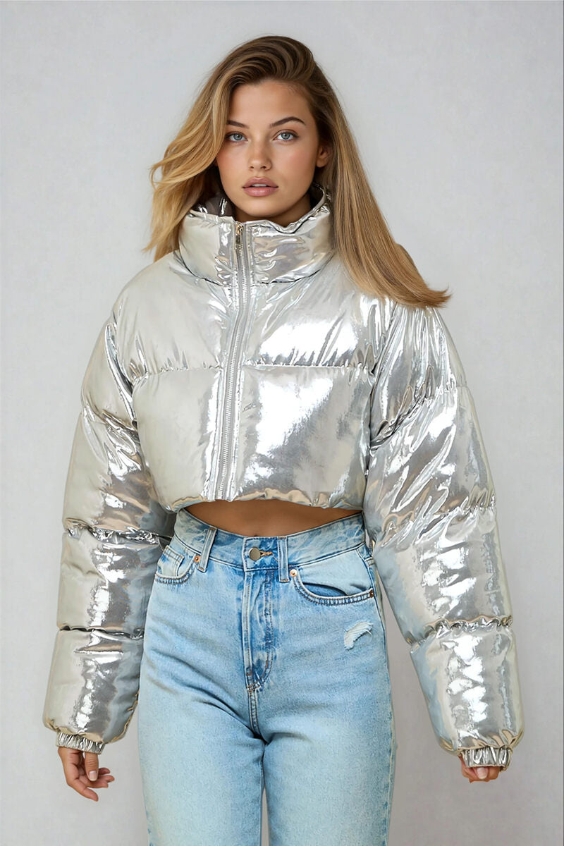 Cropped Metallic Puffer Jacket