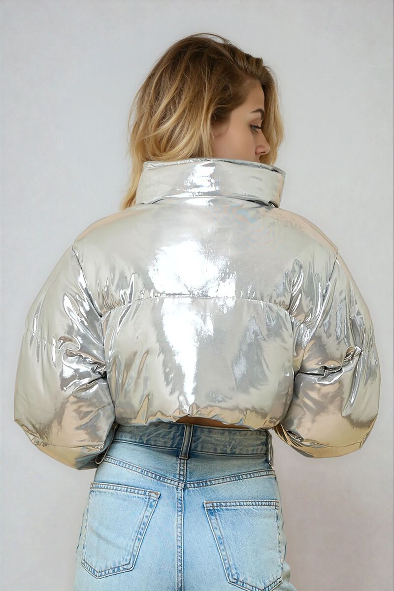 Cropped Metallic Puffer Jacket