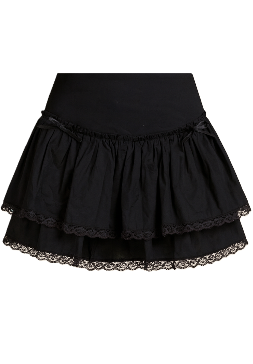 Tiered Twill Lace-Trim Mini Skirt