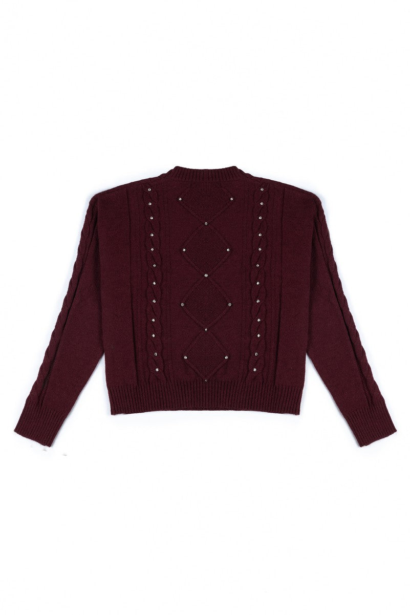 Embellished Cable-Knit Cropped Sweater