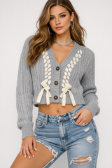 Braided Ribbon Cropped Cardigan Sweater