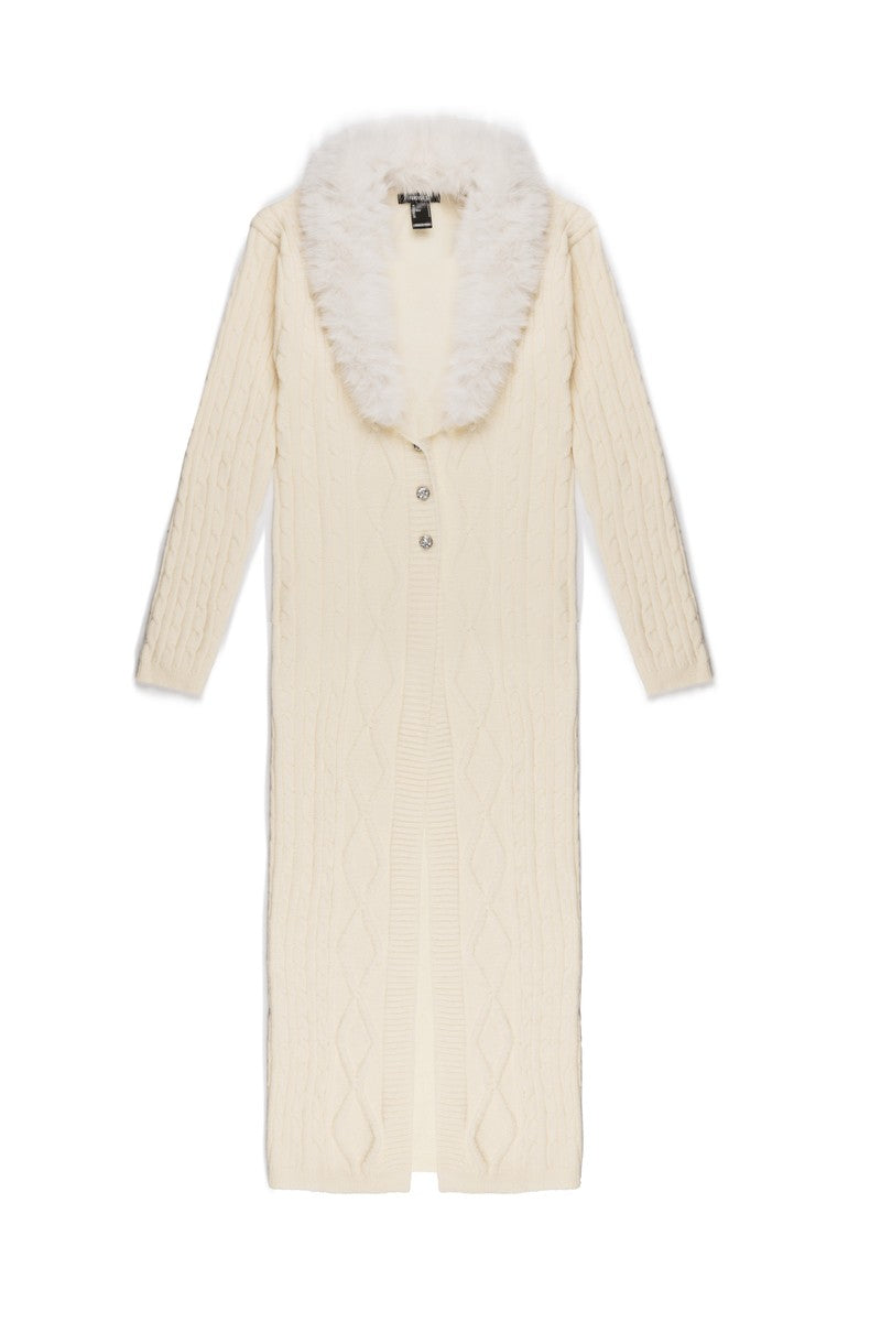 Faux Fur-Collar Cable Knit Longline Cardigan