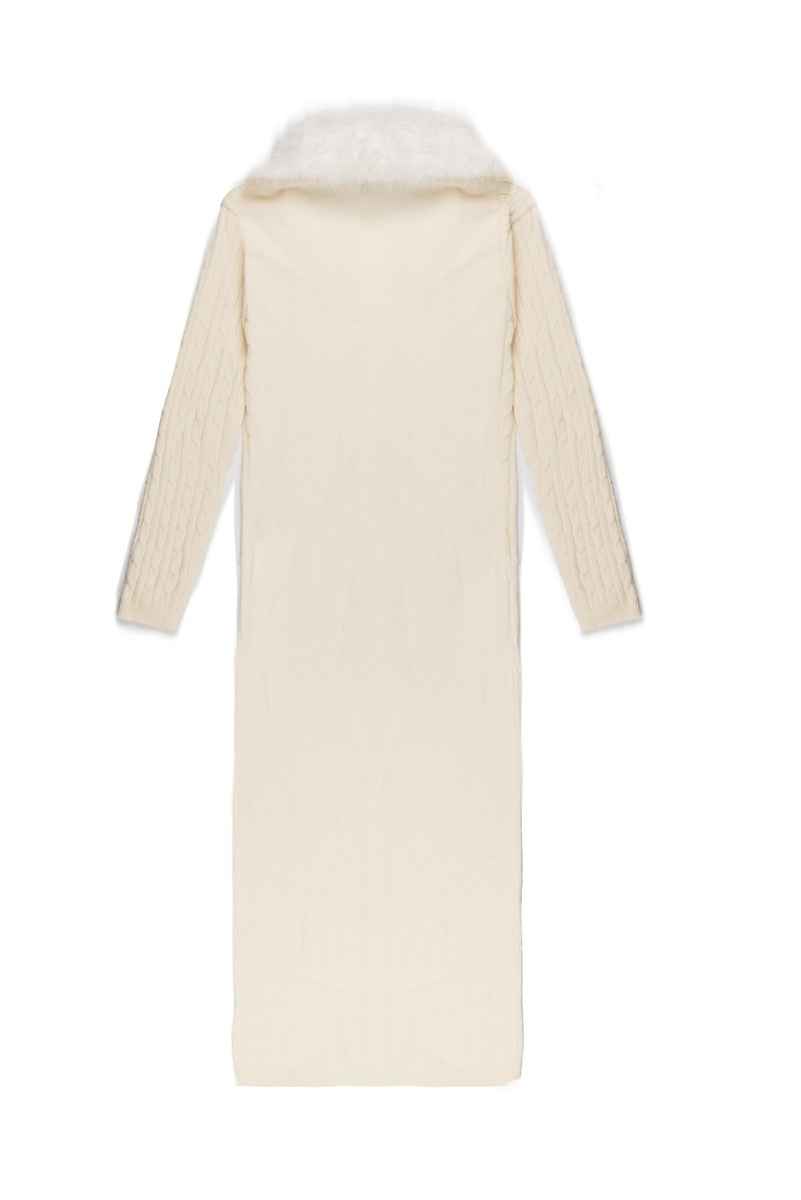 Faux Fur-Collar Cable Knit Longline Cardigan
