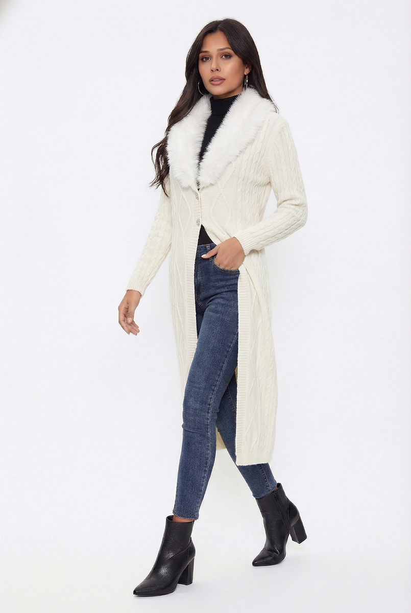 Faux Fur-Collar Cable Knit Longline Cardigan