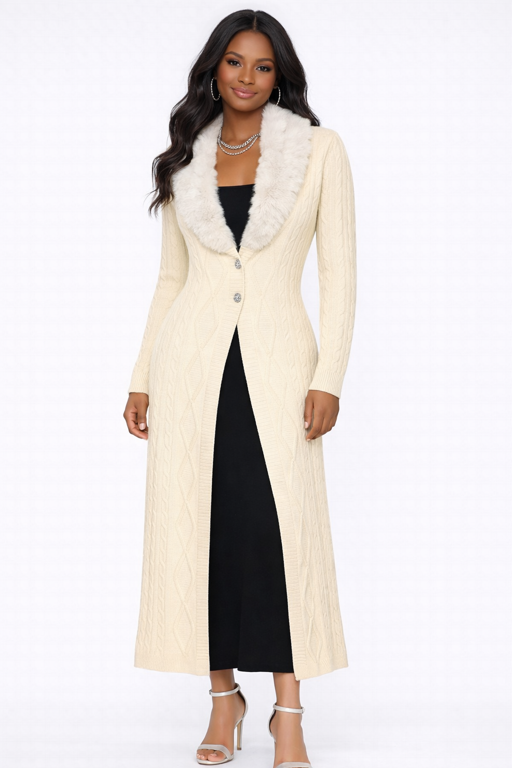 Faux Fur-Collar Cable Knit Longline Cardigan
