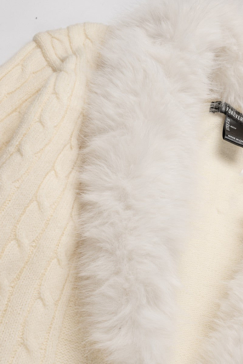 Faux Fur-Collar Cable Knit Longline Cardigan