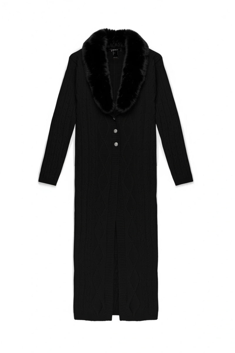 Faux Fur-Collar Cable Knit Longline Cardigan