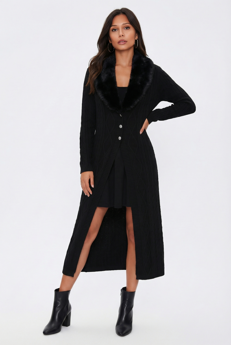 Faux Fur-Collar Cable Knit Longline Cardigan