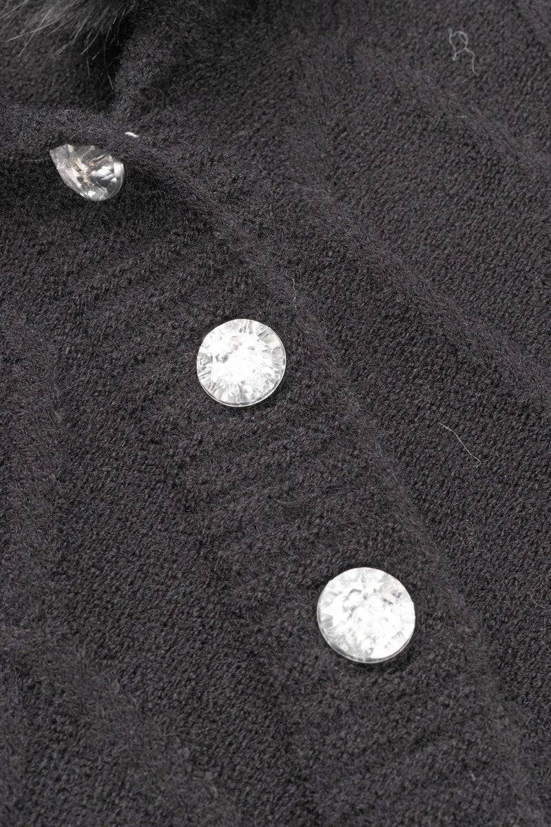 Faux Fur-Collar Cable Knit Longline Cardigan