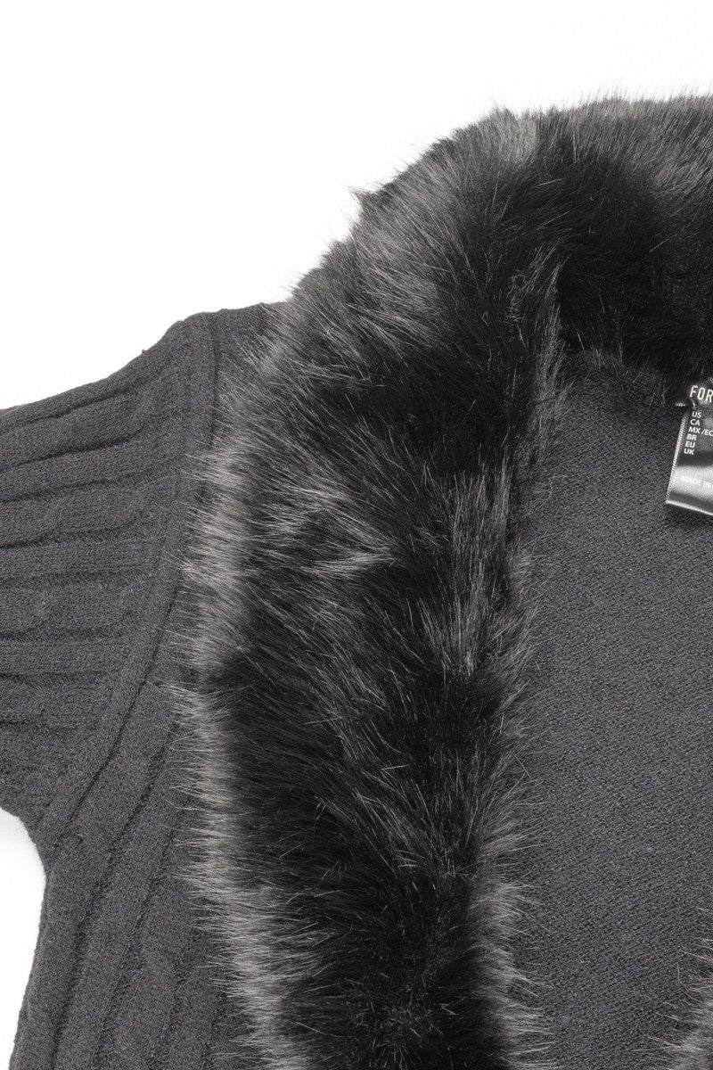 Faux Fur-Collar Cable Knit Longline Cardigan