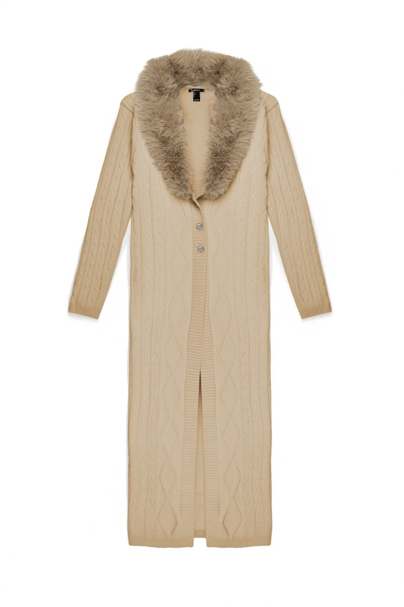 Faux Fur-Collar Cable Knit Longline Cardigan