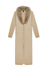 Faux Fur-Collar Cable Knit Longline Cardigan