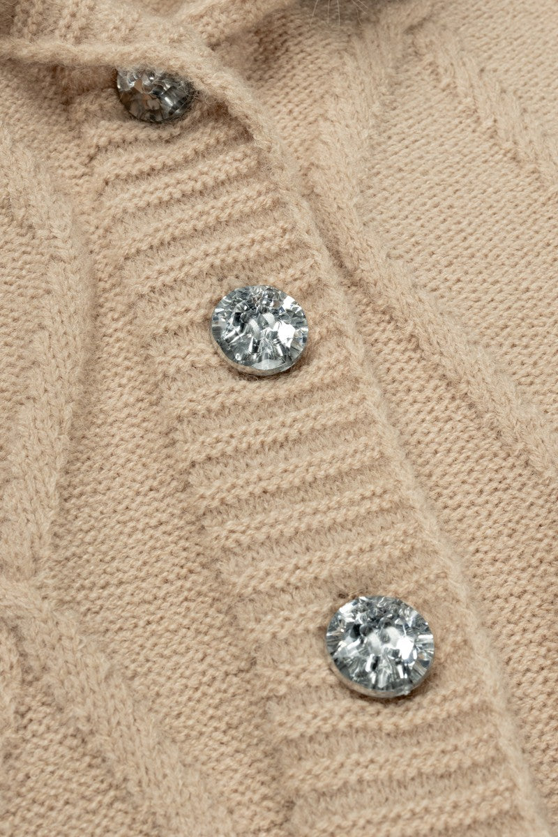 Faux Fur-Collar Cable Knit Longline Cardigan